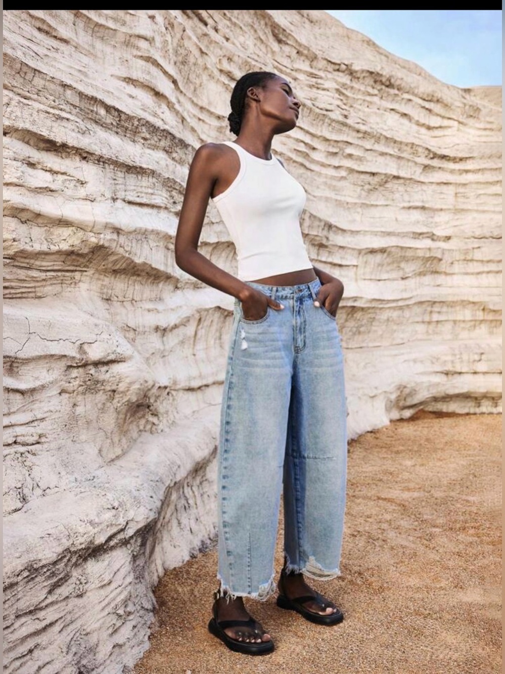 Women's 29  Wide Leg cropped barrel Jeans - Light Blue - Picture 2 of 9